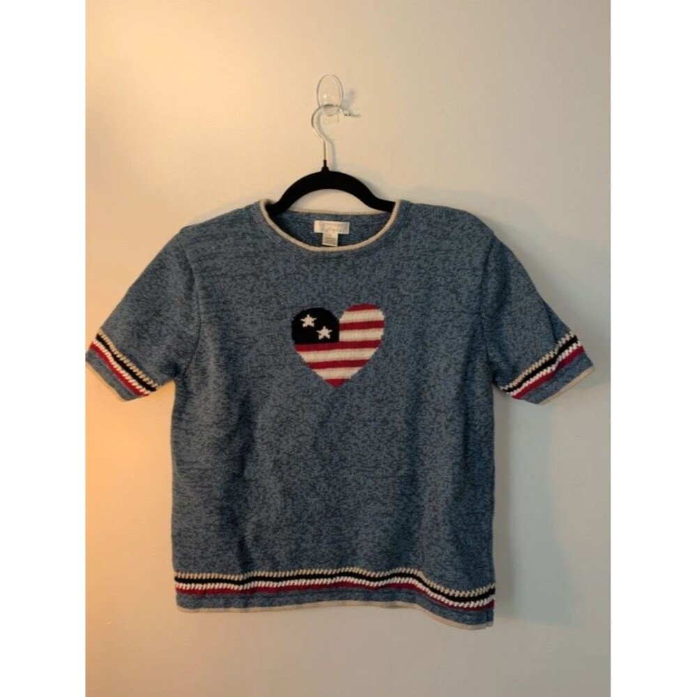 Vtg Christopher & Banks American Flag Heart Knit Short Sleeve Sweater Size Small